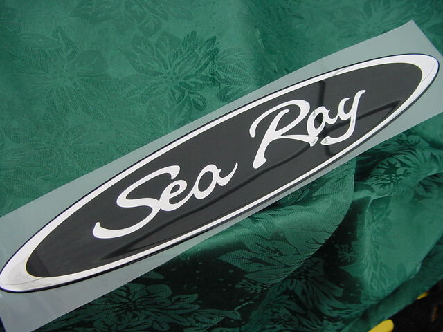 Pair Of Sea Ray Boat Logo Emblems - 13" Oval Hull Side Nameplate Stickers, Silver & Black
