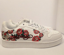 NWT Ed Hardy Women  s White Court Sneakers Red Rose Tattoo Graphic Size 10