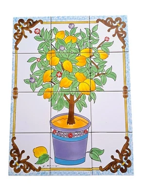 TOP Tableau De Carreaux Peints À La Main Citronnier 45x60 Mosaïque Signé - Photo 1/3
