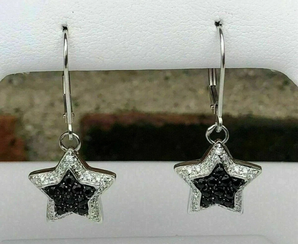 14K  White Gold plated 1.50CT Round Simulated Black Diamond STAR Dangle Earring - Image 3 of 4