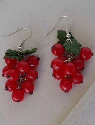 Red Currant Earrings with Leaves   Handmade in One Copy