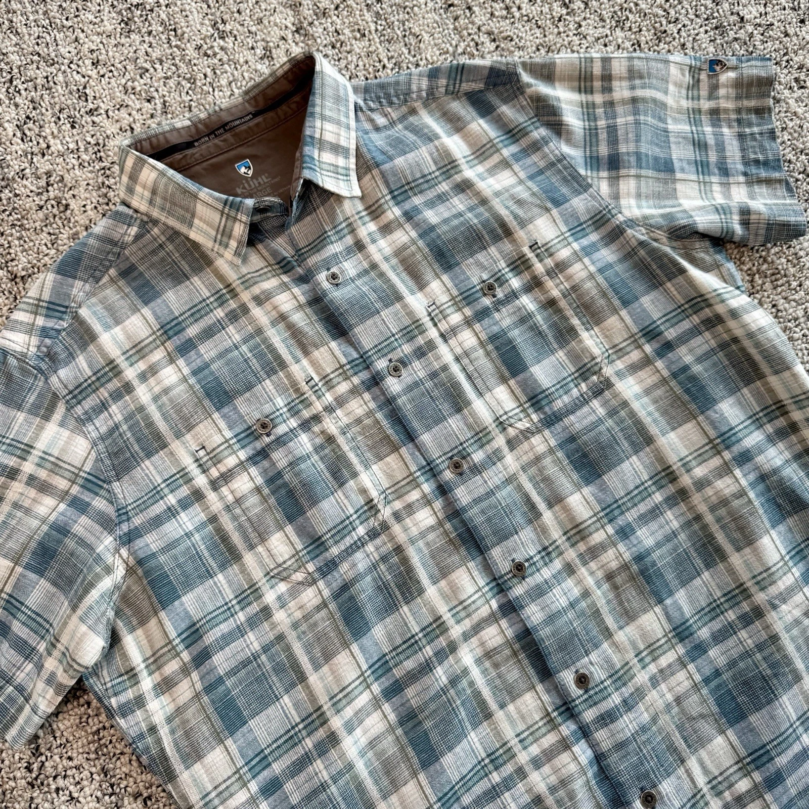 KUHL mens SKORPIO short sleeve metal button plaid LINEN blue shirt LARGE