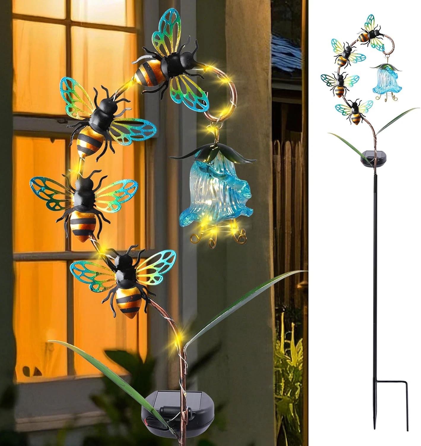 Decorative Solar Lights Outdoor Solar Bee Stake Light with Glass Flower Metal De
