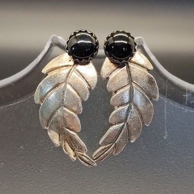 Sterling Silber & schwarzer Onyx Vintage Feder/Blatt Ohrringe kostenloser Versand