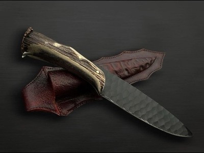 Handgemachtes Jagdmesser   Hirschgeweihgriff, Drop-Point Schwarz, Lederscheide