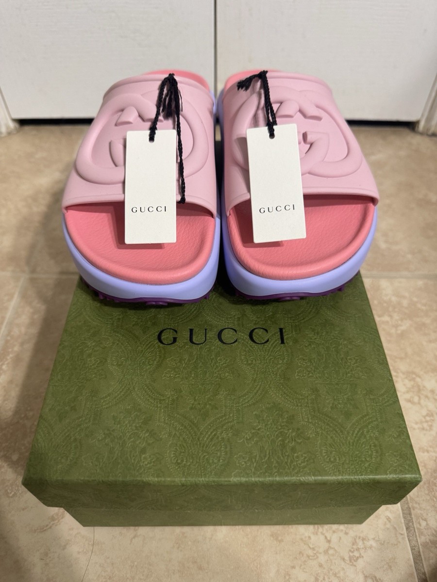 Gucci Interlocking G Logo Rubber Platform Slides Sandals Sugar