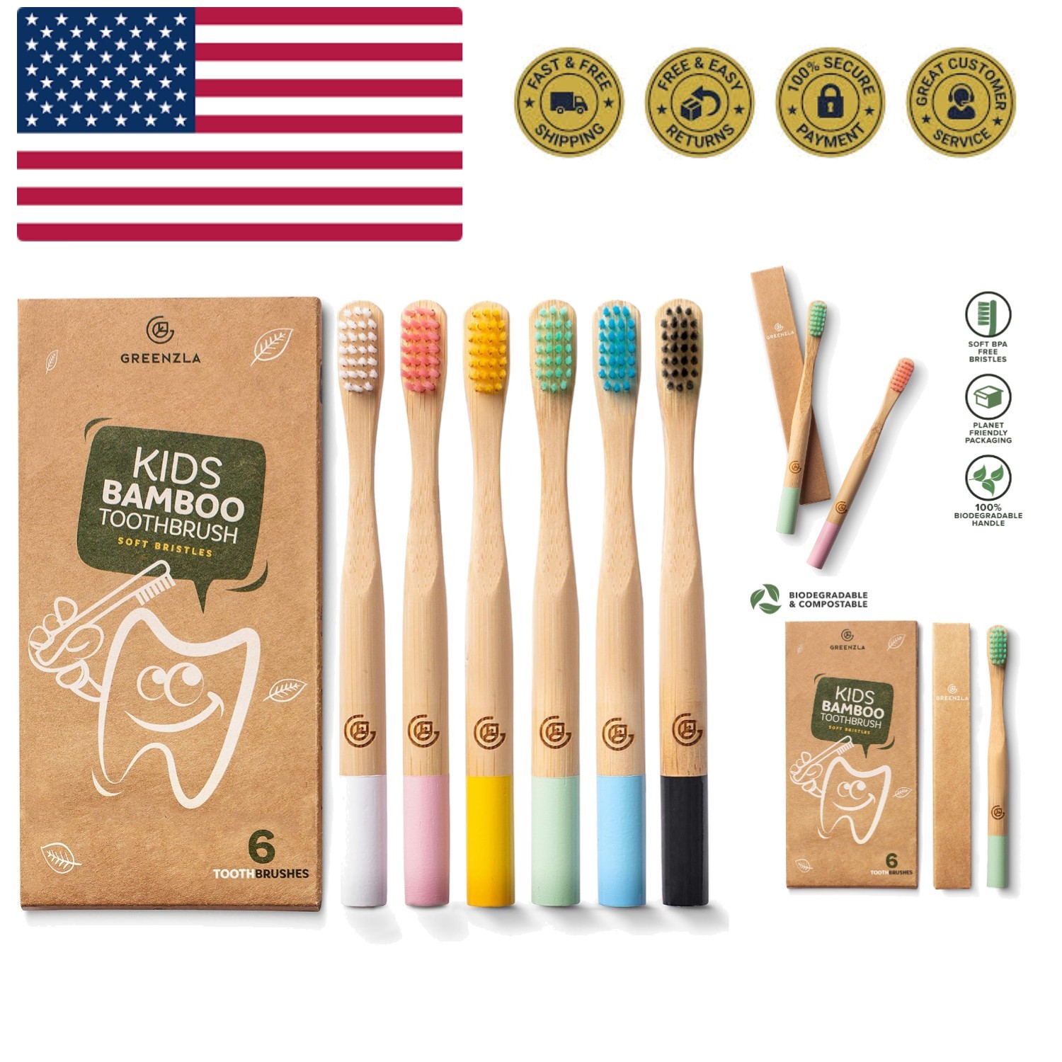 Kids Bamboo Toothbrushes, Natural Toothbrush Set, Soft Brist
