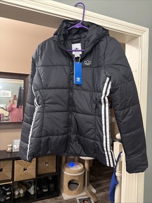 Adidas Original Slim Trefoil Puffer Hooded 3 Stripe Jacket. Size S. Black. NWT