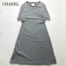 CHANEL Class Dress Short Sleeve Here Mark Embroidery Gray Knee