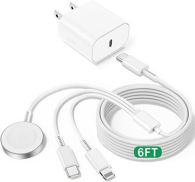 3-in-1 Fast Charger Adapter for i-Watch Ultra 3/iPhone 17/16/15/14/13/12, 6FT