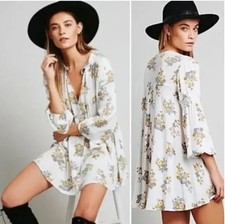 Free People Dress Small Swing Trapeze Tunic Ivory Floral Long Sleeve Boho
