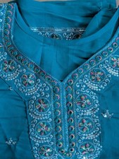 Kurta Top Tunic Silk Blend Thread Seqin Embroidery V-Neck Teal 36" x 19"