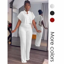 2Pcs Womens Casual Short Sleeve Button Crop Top Wide Leg Long Pant Lounge Sets