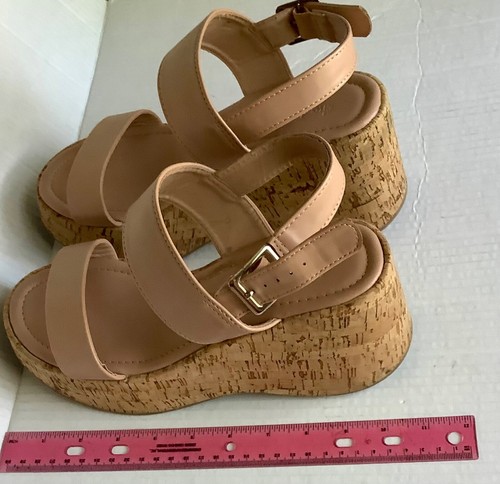 Sandal Shoe Womens 9 Tan Dusty Rose Nude.Chunky Cork Wedge Platform Strap Buckle - Picture 15 of 17