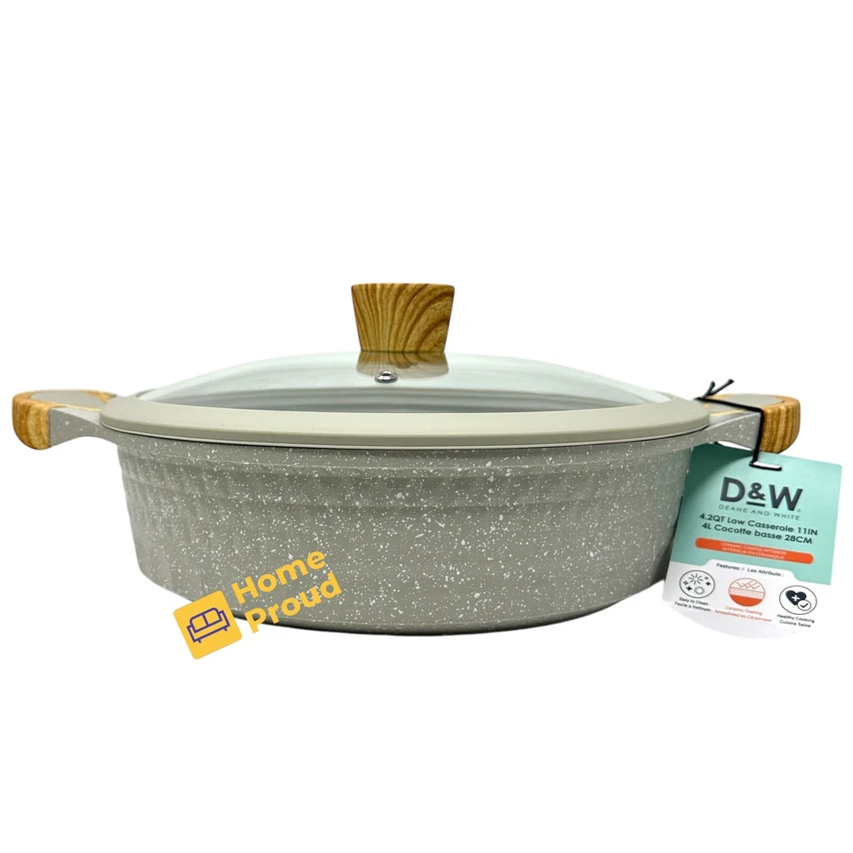 D&W Low Casserole FryingPan 11 inch with Glass Lid Nonstick Deane&White Cookware - Image 3 of 4