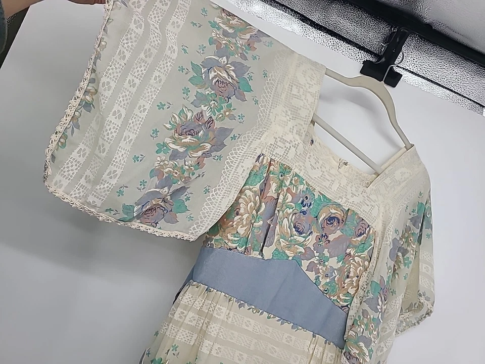 Винтажный богемное макси платье, хиппи 1960-х цветочный и кружевной печать Bell рукав крючком кромки - Изображение 4 из 4