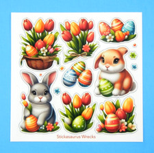 Easter Bunnies, Eggs, Yellow Red Tulips Stickers Sheet