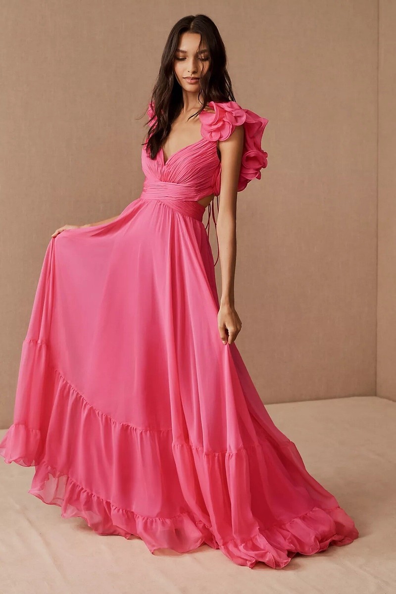 New Mac Duggal Rosette Chiffon Cutout Empire Waist Gown-Size