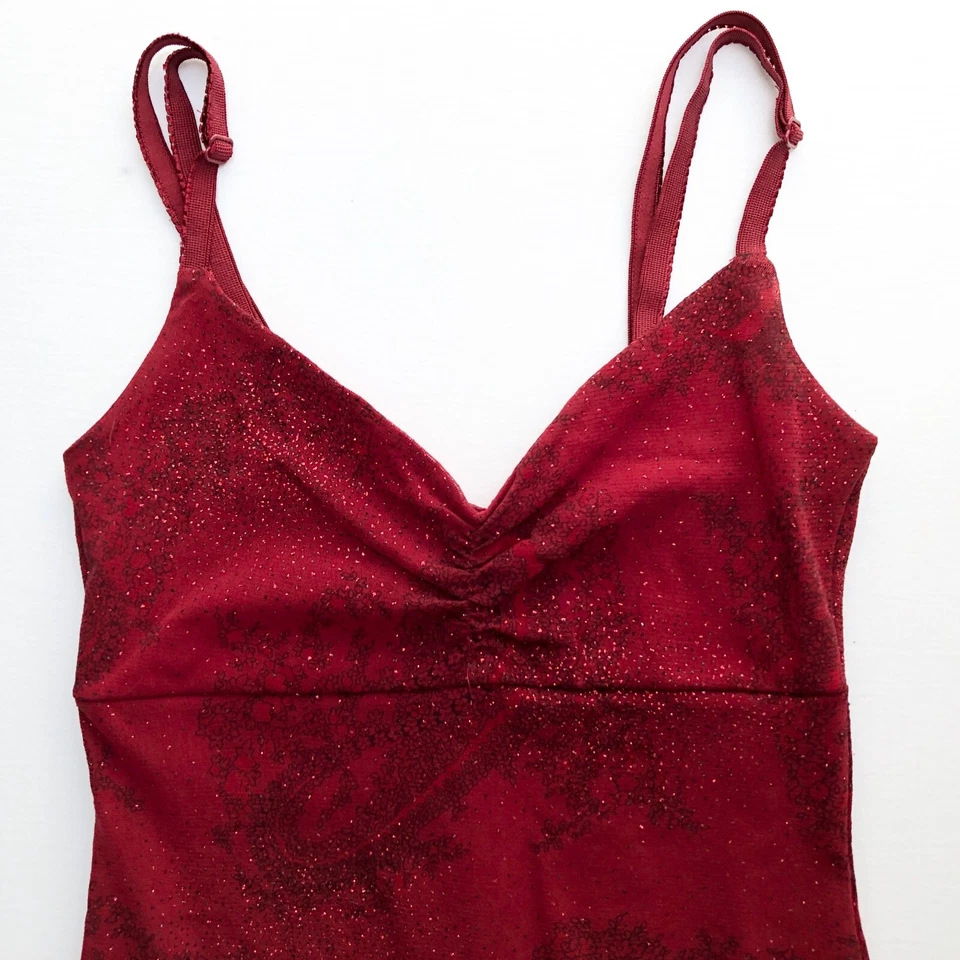 Y2K начале 2000-х Slinky чистый красный блестящий оборки спагетти ремень Кокетливое платье S - Изображение 4 из 4