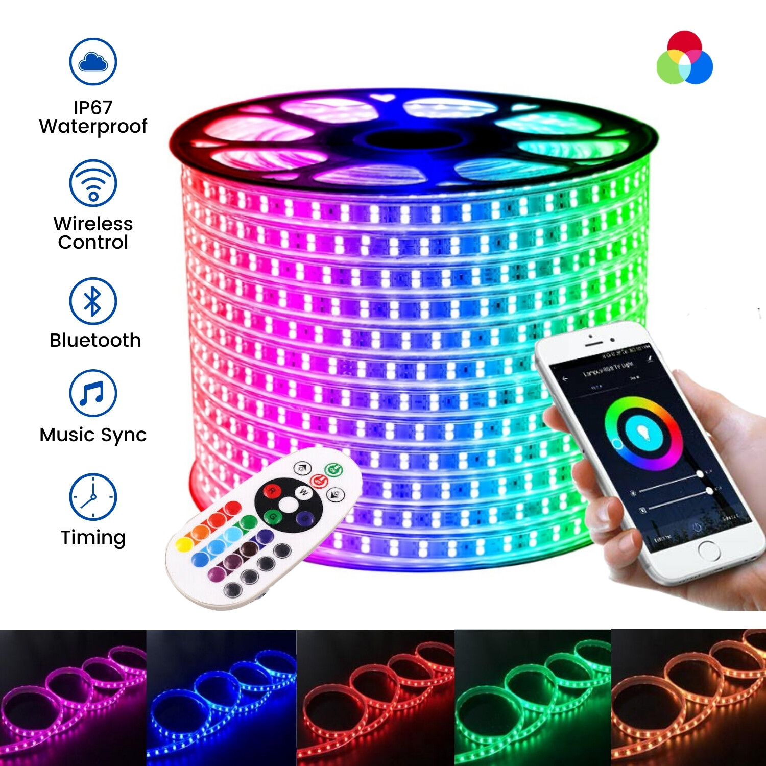 calorie stapel parachute RGB LED Strip 220V 240V Wireless Bluetooth App 60-120-144LED/m RGB LED Strip  | eBay