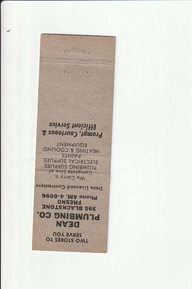 DEAN PLUMBING CO 2036 THIRD ST SELMA CALIFORNIA VINTAGE MATCHBOOK COVER |  eBay