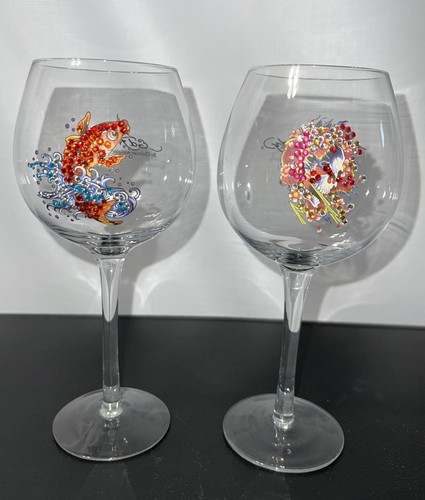 ED HARDY By Christian Audigier WINE GLASSES. Set Of 2 With Rhinestone Accents. - Picture 1 of 7