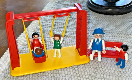 Vintage 1985 Playmobil Playground Swing Gym Grandma & 4 Kids Complete Set 3552
