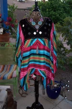 ROJA L Serape Velvet Studded Cross Tassel Heavy Bamboo Southwestern Poncho Top