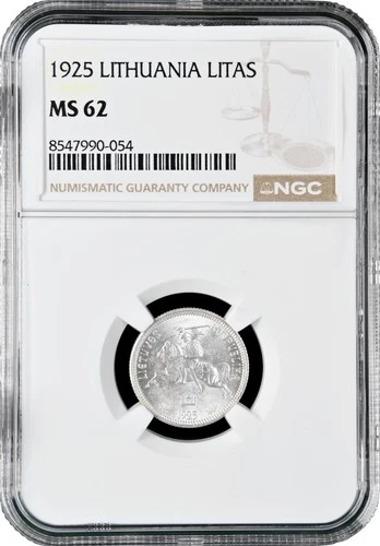Lithuania 1 litas 1925, NGC MS62, "First Republic (1925 - 1938)" silver coin