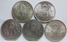 AUSTRIA HUNGARY lot 5x 1 Corona 1893 1895 1913 1915 1916 XF Silver Emperor #A10