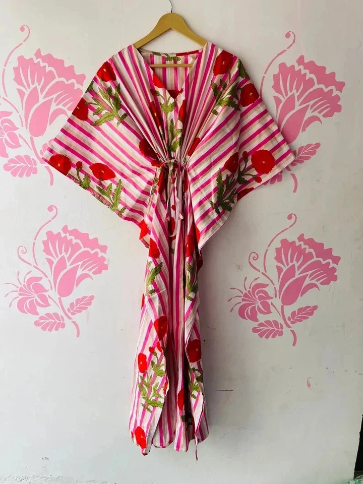 Indian Vintage 100% Cotton Long Beach Maxi Kaftan Dress One Size Caftan Kimono - image 2 of 4