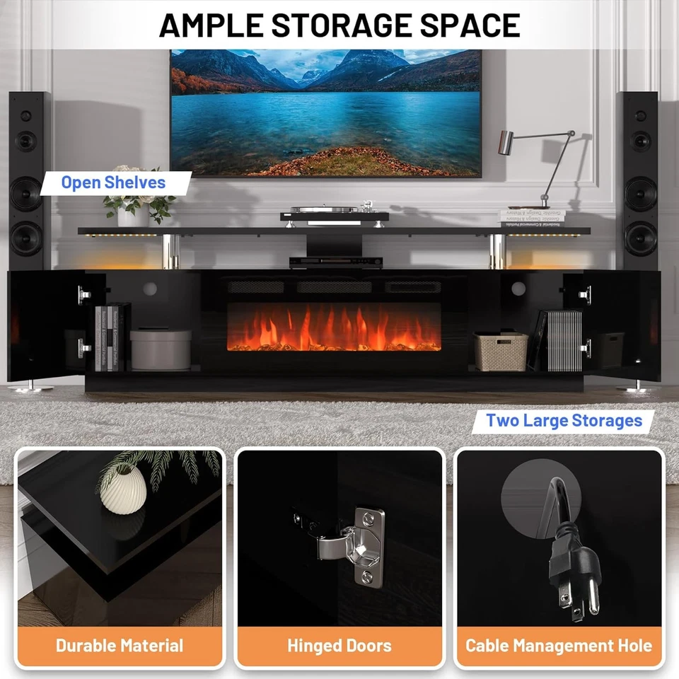 Soporte de TV para Chimenea de 70" con Chimenea Eléctrica de 36 pulgadas Centro de Entretenimiento Negro Foto 4 de 4