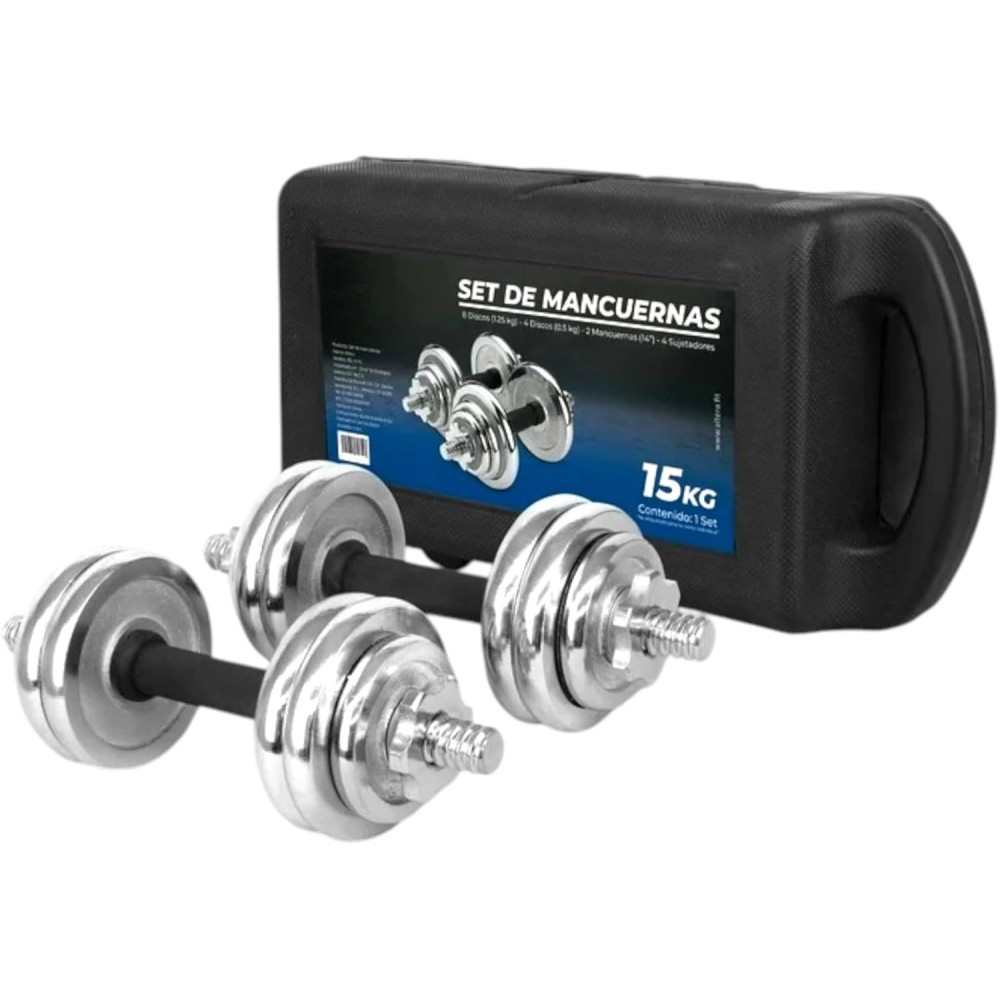 Set de Mancuernas Pesas Discos 2 pesas 15kg, 7.5kg cada pesa de Acero Cromado co