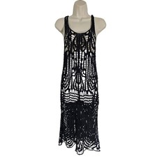Black Crochet Knit Midi Dress 100% Cotton Sleeveless Open Work LD40604 Boho