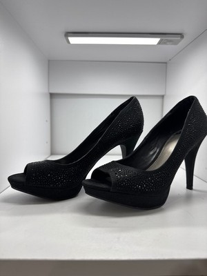 Fergalicious Black Rhinestone Peep Toe Heels - Glam &