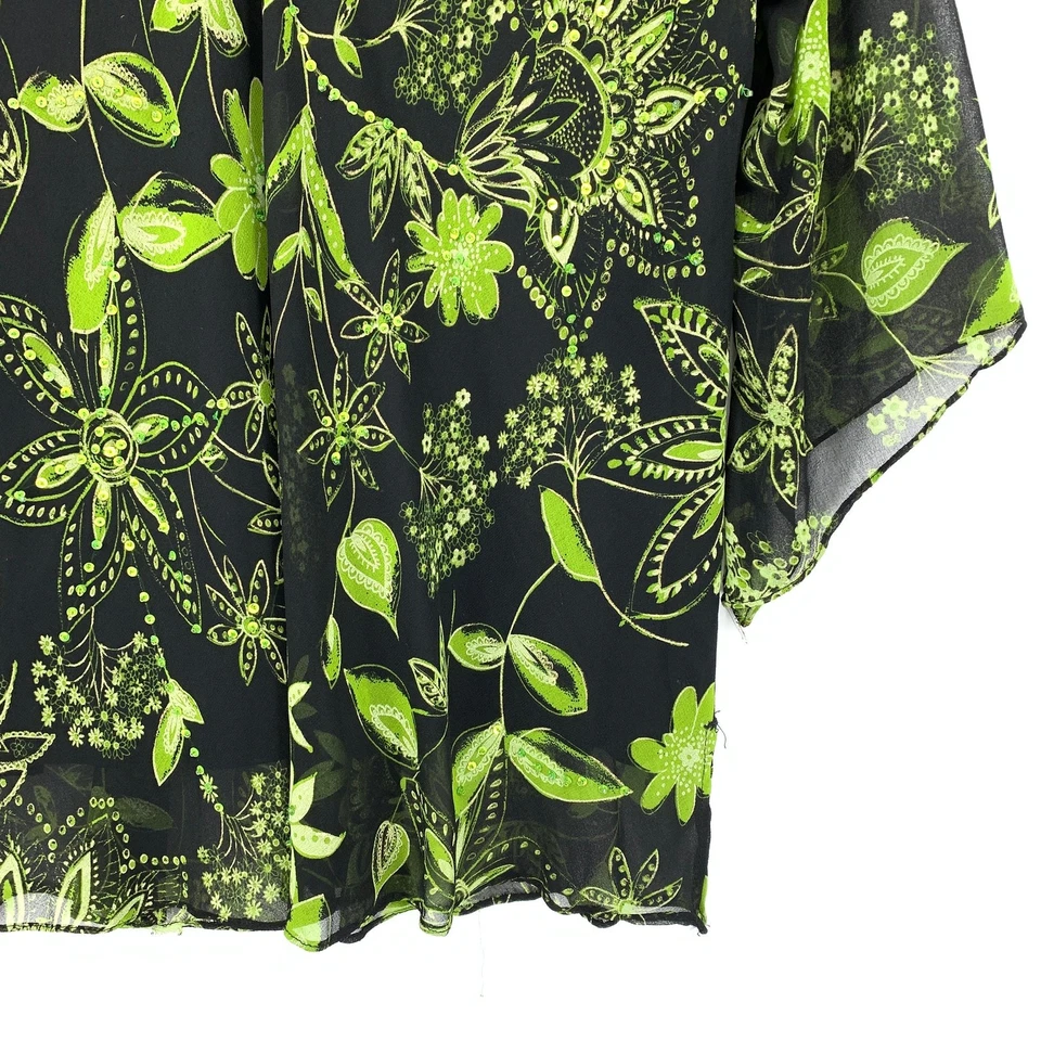 Vintage Signature JMD V-Neck Blouse Womens Size 1X Black Green Sequined Floral - Image 4 of 4