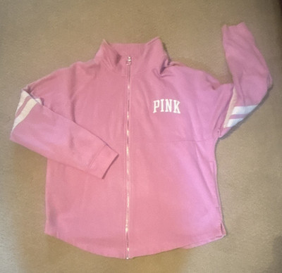 PINK Victoria s Secret Full Zip Mock Neck Fleece Logo Sweatshirt Pink White L