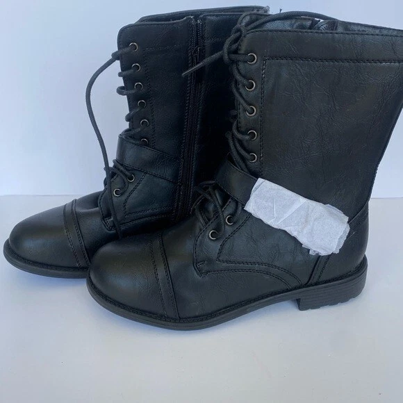 Top Moda Mujer Combat Rider Bota Talla 8.5 Negro Imitación Cuero Con Cordones Foto 2 de 4