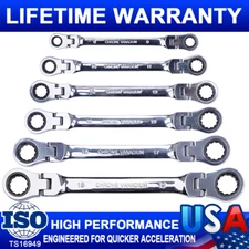 6 PCS Double Box End Ratcheting Wrench Flex-Head Extra Long Spanner Set Metric