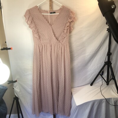 SheIn Large Light Pink Dress NWOT Ruffle Sleeve VNeck Sheer With Slip | eBay