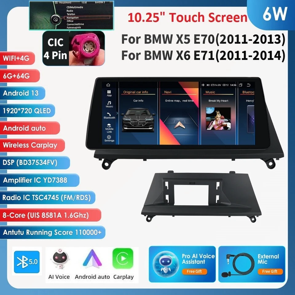 10,25 «BMW X5 E70 X6 E71 CIC Carplay 6 + 64GB автомобиля стерео Android 13 радио GPS SAT - Изображение 2 из 4
