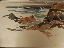 BERYL LARKIN REDLANDS CALIFORNIA: Painting of Rocky Coastline on a Stormy Day