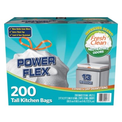 200 Power Flex  Tall Kitchen Drawstring Trash Bags 