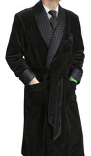 Men Long Smoking Jacket Black Velvet Robe Black Quilted Dinner Jacket