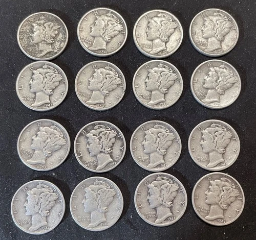 Mercury Dimes 1940 to 44 P,S,D Coins 90% Silver Good Condition lot of 16