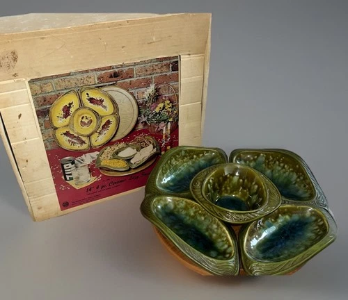 Vtg 1971 McCoy Ceramic 14” Lazy Susan Dish Bowl Chip & Dip Serving Set In Box