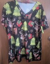 UNBRANDED CHRISTMAS SCRUB TOP Size 2XL, REINDEER And CHRISTMAS TREES, ADORABLE
