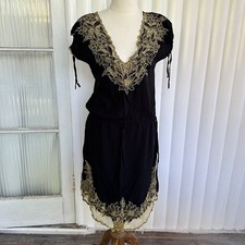 MinkPink Dress Womens 8 Black Gold Embroidered Floral V-neck Dolman Shift