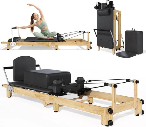 92" Foldable Wooden-Look Pilates Reformer Machine for Home Gym