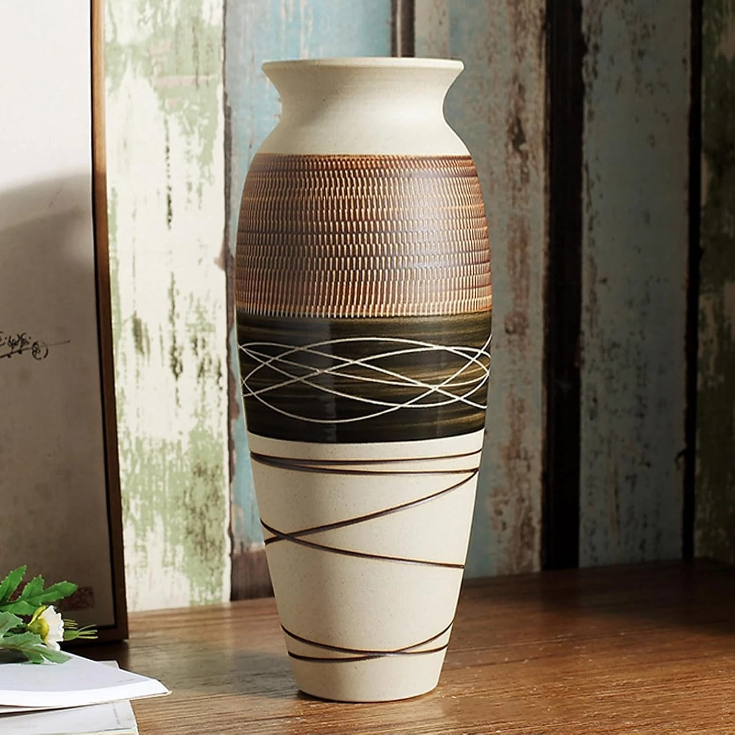 Ceramic Rustic Farmhouse Vase 12.6" Large Vintage Flower vase for Home Decor